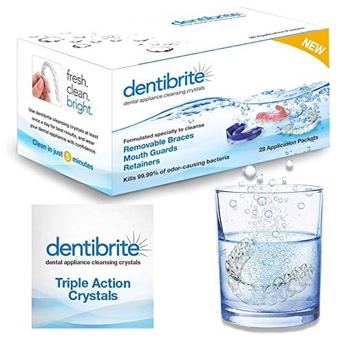 Dentibrite Crystals Cleaner for Removable Dental Appliances - Invisalign Aligners, Retainers, Guards, Dentures, Trays/Aligners - Odor Bacteria Remover - No Persulfates or Dyes - 28ct - Made in USA