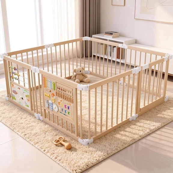 Foldable Wooden Baby Playpen with Gate & 2 Game Boards for Infant Girls & Boys,10 Toy Set,Adjustable Panel Play Yard Fence for Toddlers,63"x63"x24"