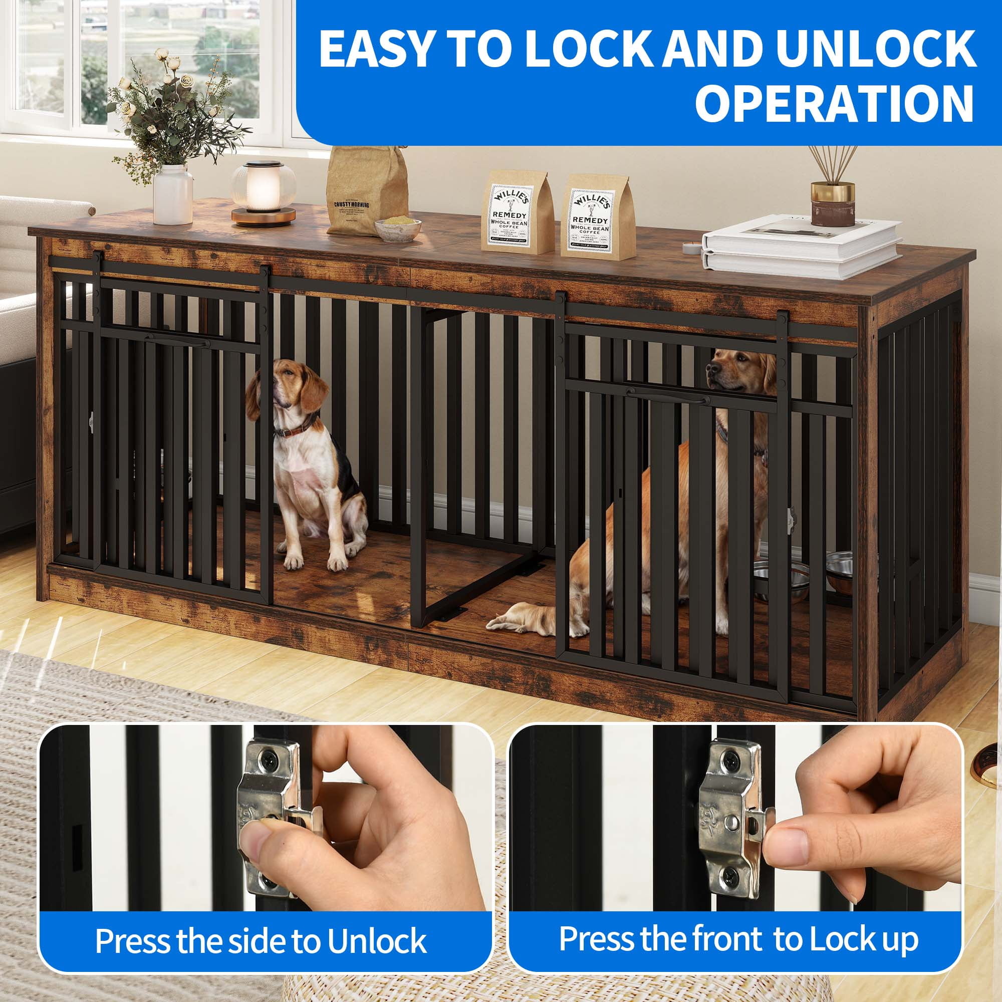 Dextrus 71" Large Double Dog Crate Kennel Furniture with 4 Dog Bowl, Sliding Doors for 2 Medium Dogs, Heavy Duty Wood TV Stand Dog Cage Table - Rustic Brown