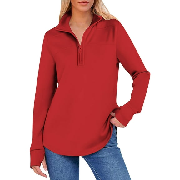 Royisotas Fall and Winter Women Sweatshirts Tunic Solid Long Sleeve Pullover Lapel Thumb Sleeve Casual Half Zip Hoodless Shirts