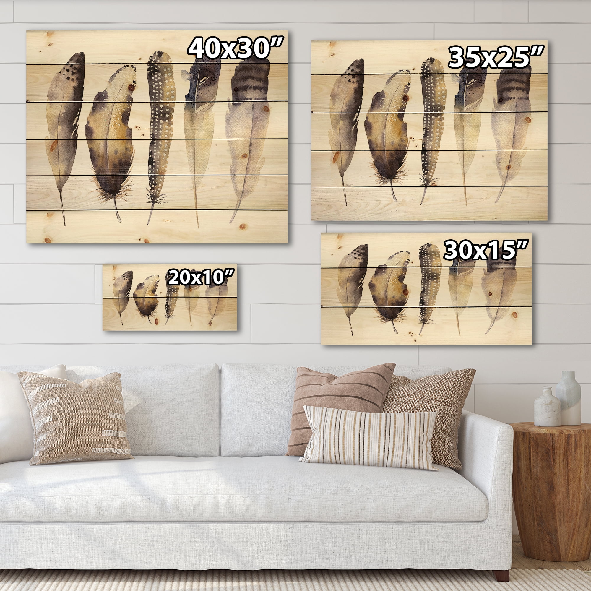Designart 'Dark Gray Feathers Boho Ethnic I' Bohemian & Eclectic Print on Natural Pine Wood