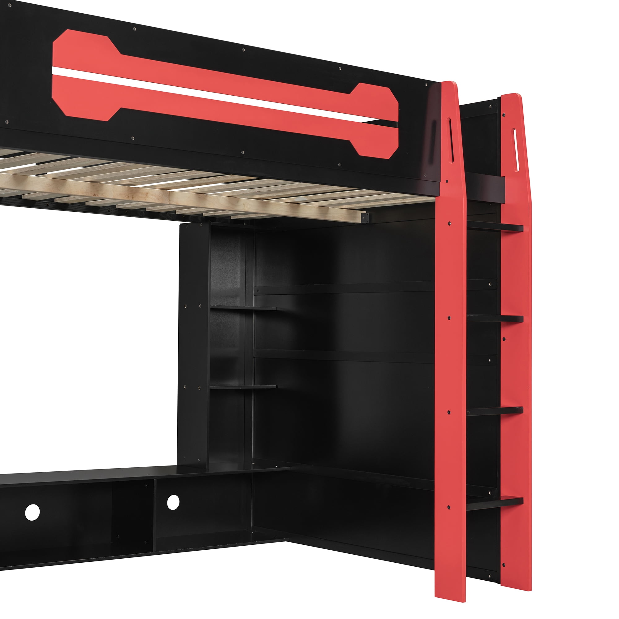 Euroco Full Size Loft Bed with Desk, Gaming Bed with RGB Light and Storage Selves, Red