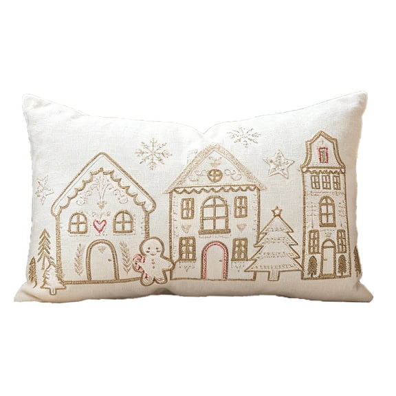 Christmas Decorative Throw Pillow with Gingerbread House Embroidery for Sofa and Bed