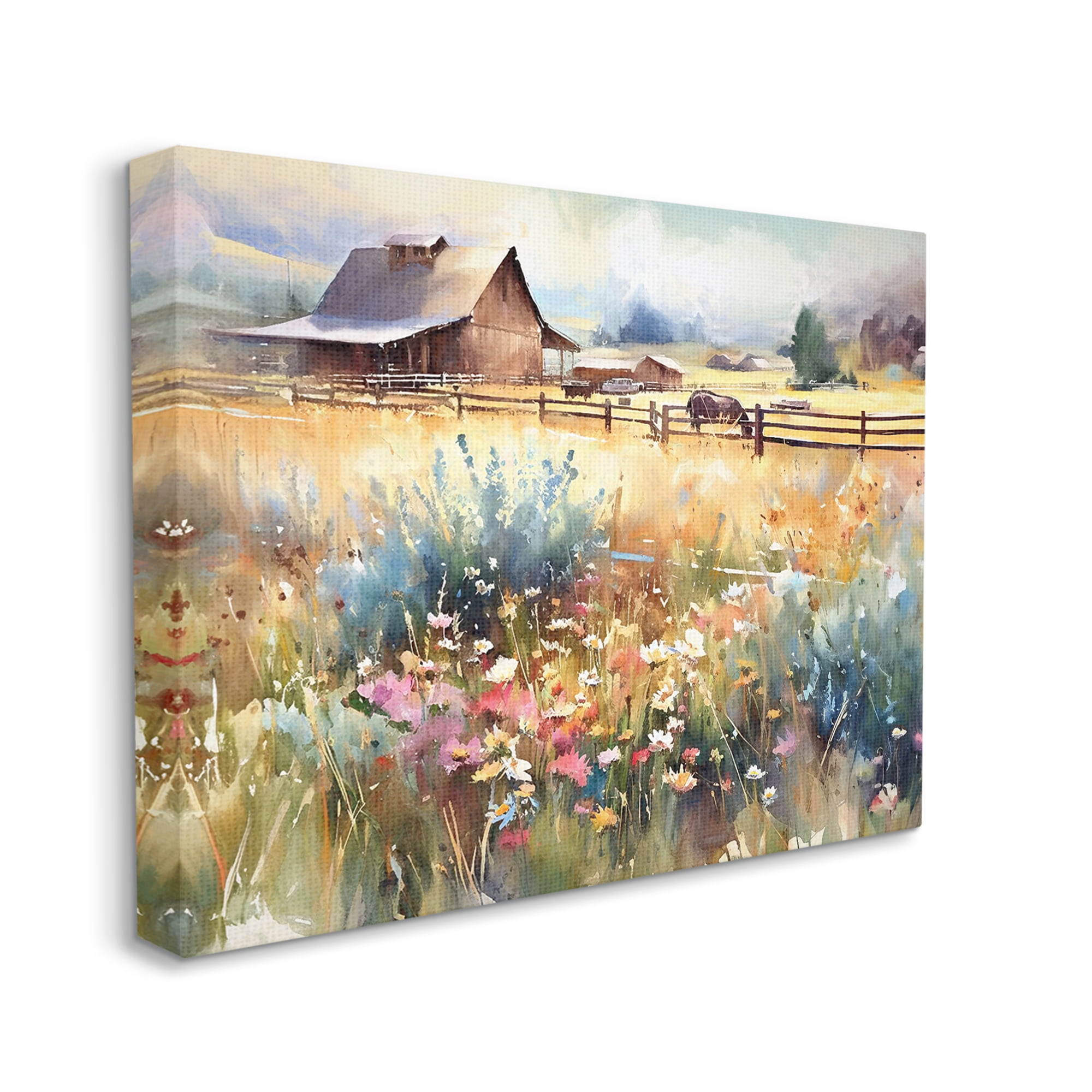 Stupell Industries Horse in Farmhouse Meadow Landscape Painting Gallery Wrapped Canvas Art Print Wall Art, 48 x 36