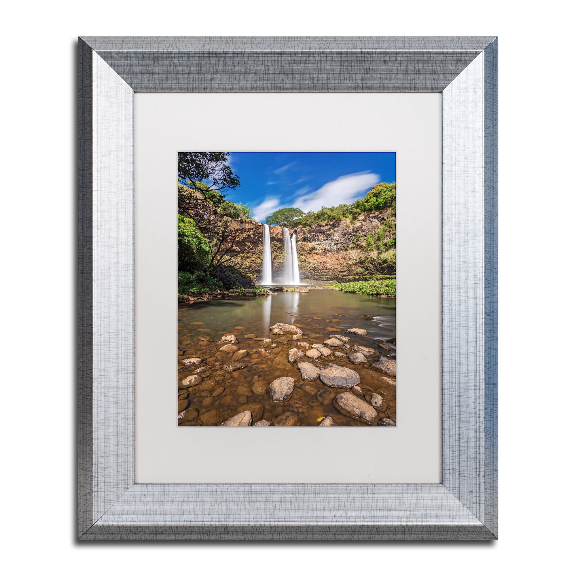 Trademark Fine Art 'Wailua Falls' Canvas Art by Pierre Leclerc, White Matte, Silver Frame