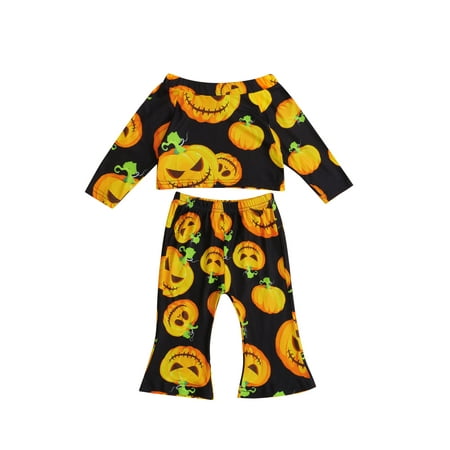 

TheFound Toddler Baby Girl Halloween Outfit Pumpkin Long Sleeve Off Shoulder Ruffle Shirt Tops+Flared Pants 2Pcs Set
