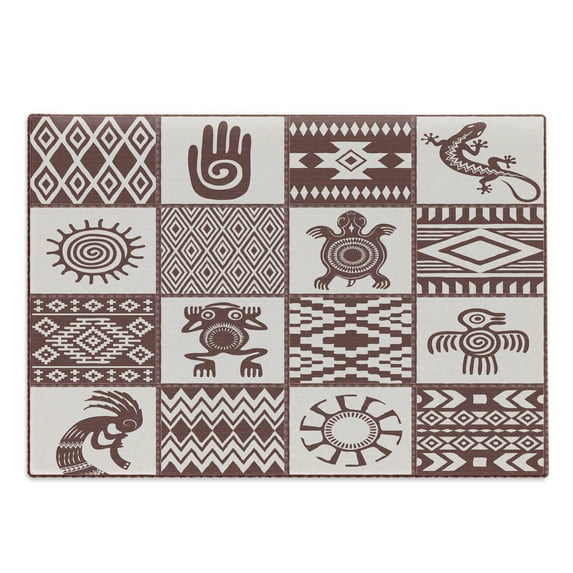 Kokopelli Cutting Board, Patchwork Style Frog Hand Chameleon Shepherds Pipe Primitive Pattern, Decorative Tempered Glass Cutting and Serving Board, in 3 Sizes, by Ambesonne