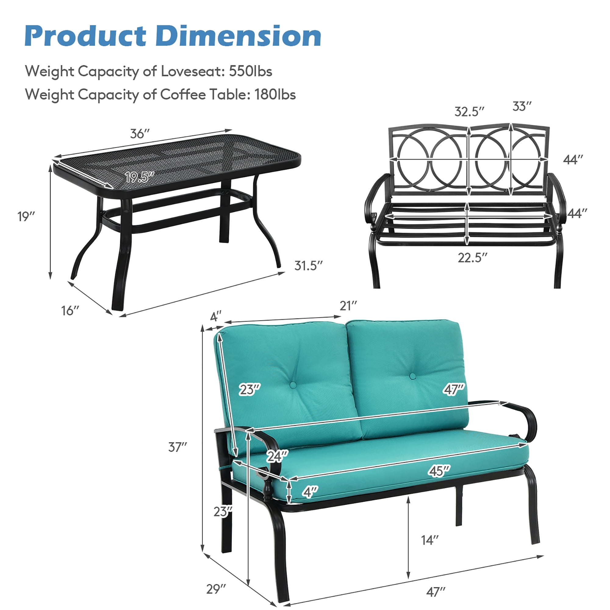 Costway 2PCS Patio Loveseat Bench Table Furniture Set Cushioned Chair Turquoise