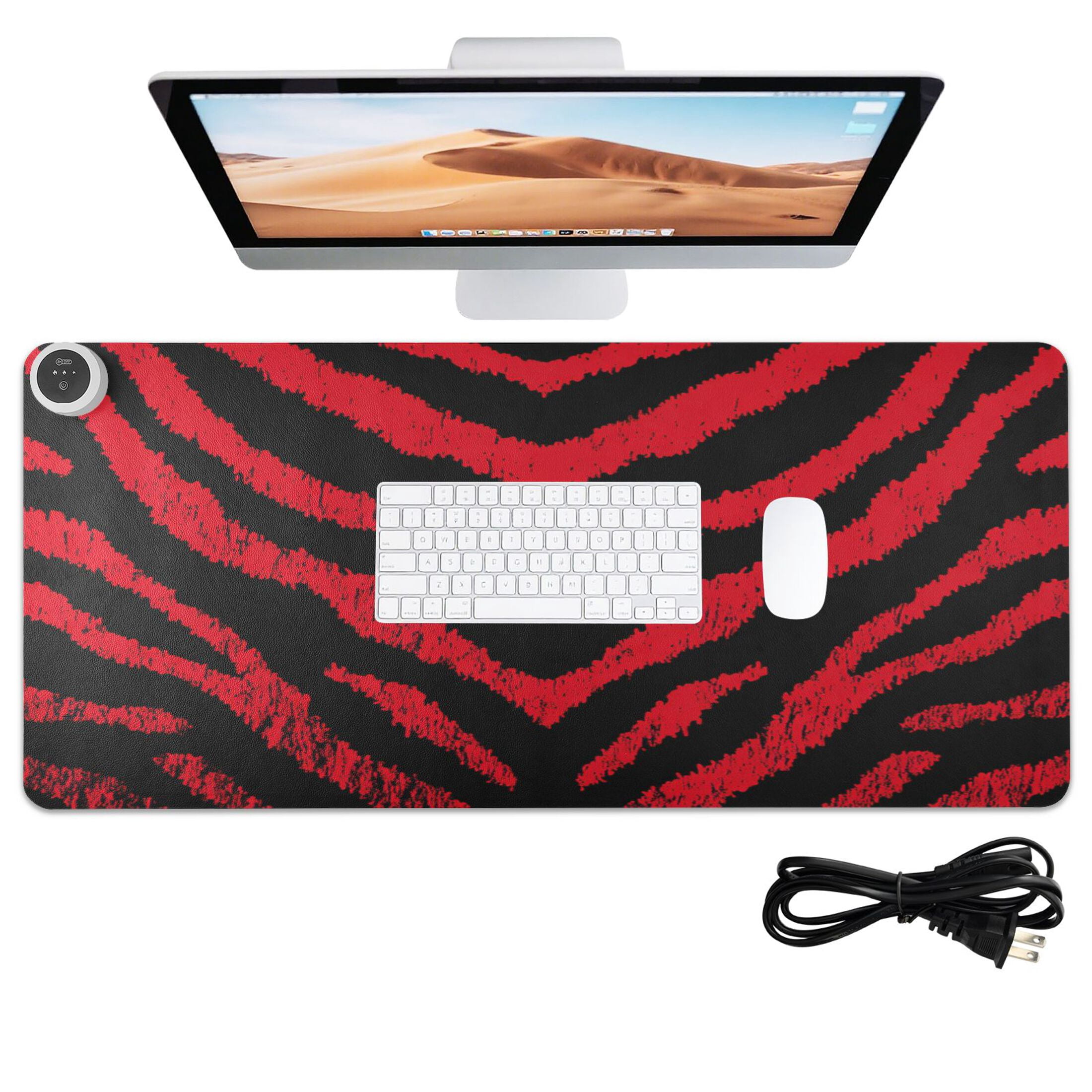 Large Heated Desk Mat Mouse Pad 31.5"x13"PU Leather Graphene Heating Desk Warmer with 3 Temperature Settings 110V US Plug Non-Slip Warm Pad for Home, Office, and Gaming Bold Crimson Chevron Pattern