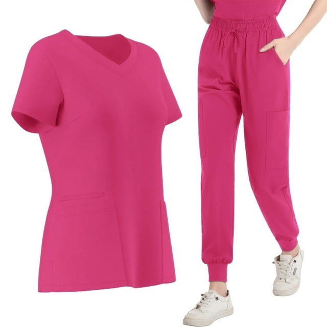 Women's V-Neck Top With Drawstring Pocket Pants and Casual Two-Piece Set for Care Workers