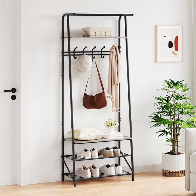 Gaderth Coat Rack Hall Tree With Shoe Storage Bench, 4 In 1 Entryway Organizer With 5/10 Hooks, Hanging Rod And 3 Tier Shoe Rack, Freestanding Metal Hall Tree For Hallway Front Door Mudroom