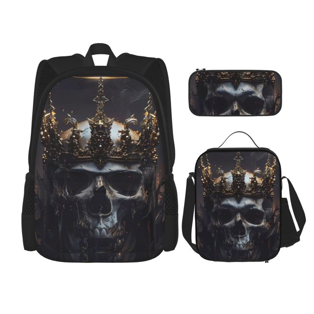 Disketp Royal Skull With Golden Crown Mochila Estampada de Gran Capacidad con Lonchera y Estuche, Set de 3 Piezas para Estudiantes