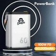 thumbnail image 2 of Power Bank 60,000mAh Batería Portátil Compacta, Carga Ultra Rápida 100W con 6 Puertos (USB-C y USB-A), Pantalla LCD, Linterna Integrada – Color Titanio, 2 of 6