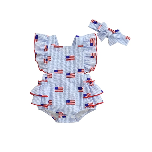 4th of July Baby Girl Outfits Striped Flag Print Fly Sleeve Ruffle Romper Backless Bodysuit Headband Set Newborn Infant Cute Summer Clothes