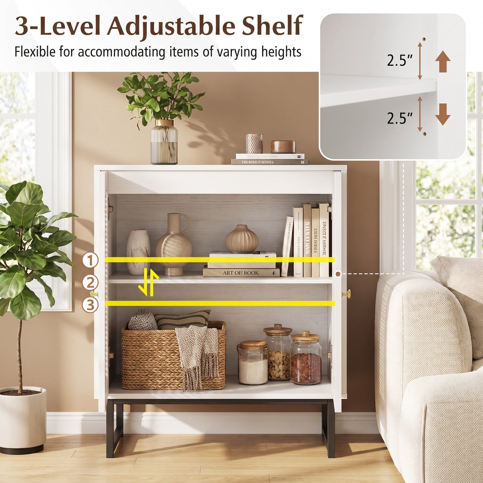Furnibear Buffet Cabinet Rattan Storage Cabinet with 2 Doors and Adjustable Shelf for Kitchen Dining Living Room Buffet Storage Server, White