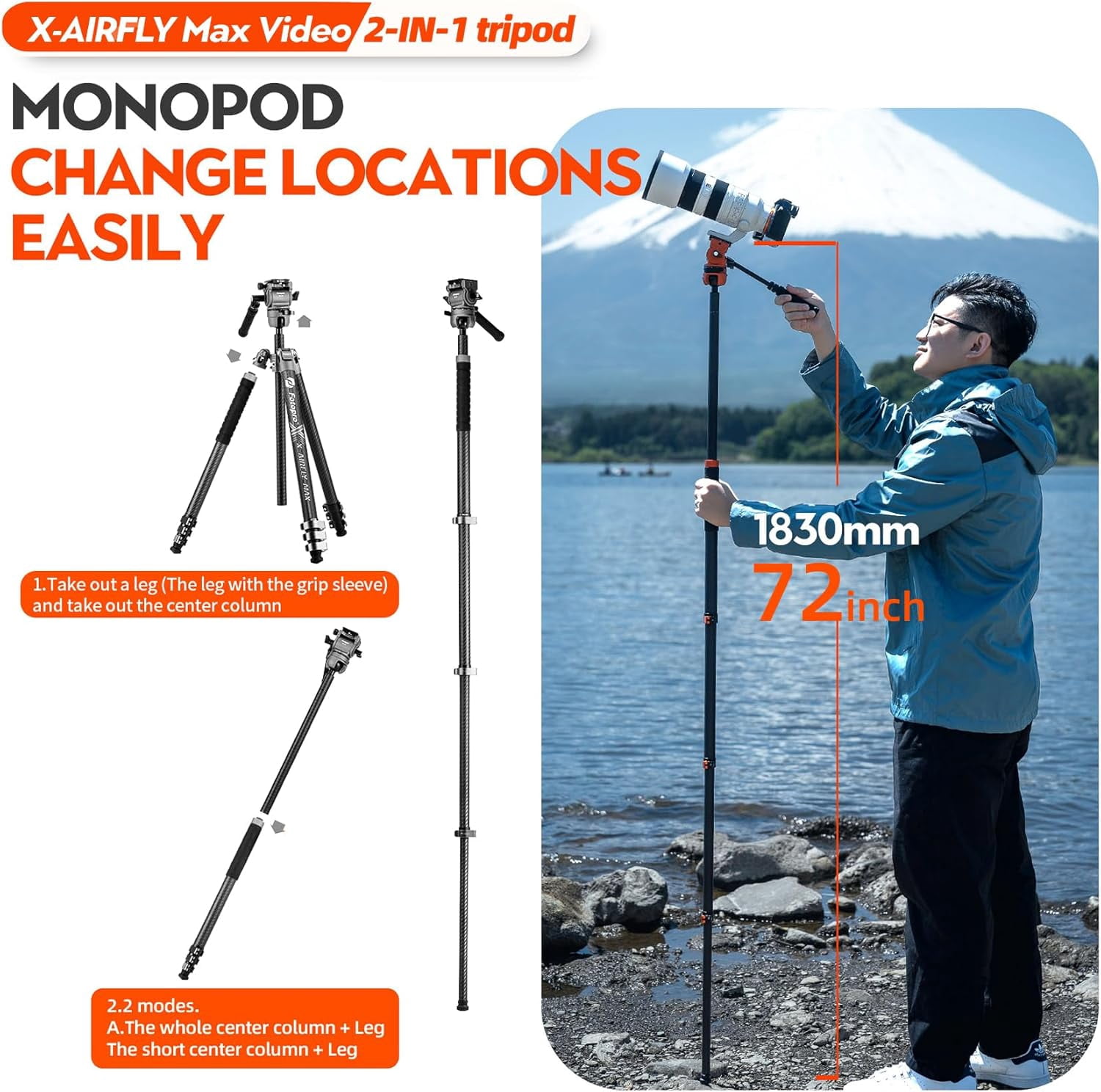 Fotopro X-Airfly Max Video 67.3" Carbon Fiber 2-in-1 Tripod and Monopod, Ball Head & Fluid Head, 4-Sec Lightweight Camera Tripod Stand, Macro Photography, Hidden Phone Clip, Max Load 13 lbs, Grey