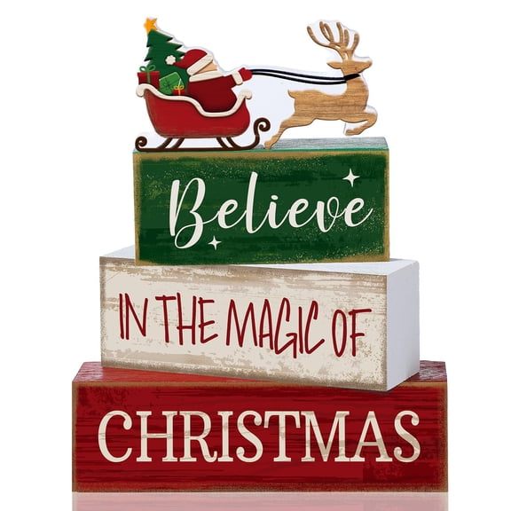 4 Pcs Christmas Table Decoration Wooden Farmhouse Christmas Tiered Tray Decor Santa Claus Elk BlockSign Gift Farmhouse Xmas Centerpiece forHome Kitchen Shelf