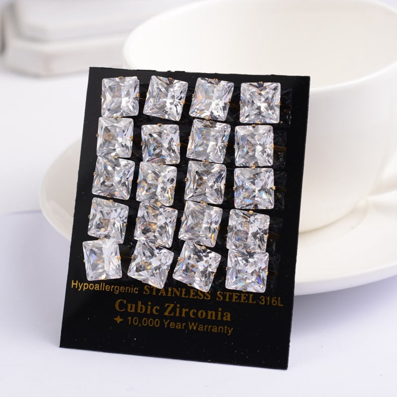 Square Cubic Zirconia Stud Earrings with Golden Plated 304 Stainless Steel Pins Clear 6.5x6mm Pin: 0.9mm