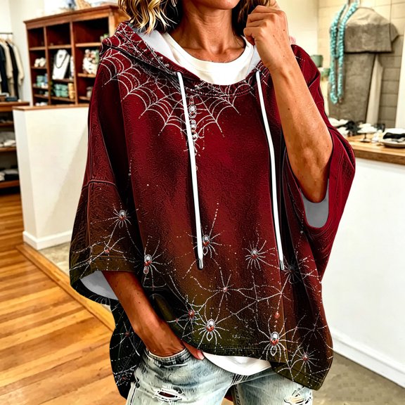 Nsxcdh Halloween Hoodies for Women 3/4 Sleeve Spider Web Print Batwing Sleeve Fall Tops Warm Sweatshirt forHoliday Celebration Weekend Outing XXL Wine