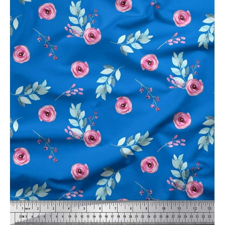 Soimoi Blue Cotton Voile Fabric Leaves & Ranunculus Floral Print Fabric by the Yard 42 Inch Wide