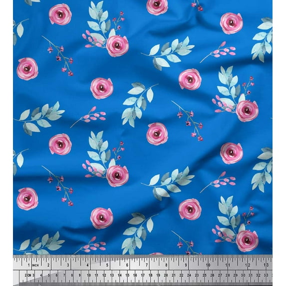 Soimoi Blue Cotton Poplin Fabric Leaves & Ranunculus Floral Print Fabric by the Yard 42 Inch Wide