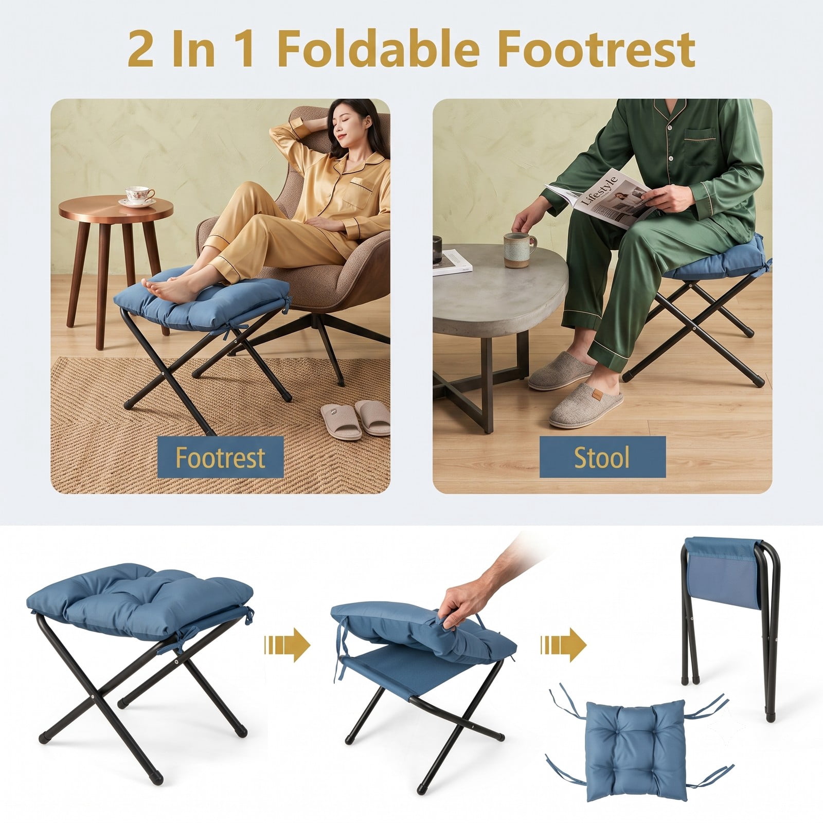 Furnibear Modern Accent Sofa Chair with Folding Footrest Ottoman, Upholstered Reading Armchair with Side Pocket for Living Room Bedroom Balcony, 330 lbs Capacity, Navy