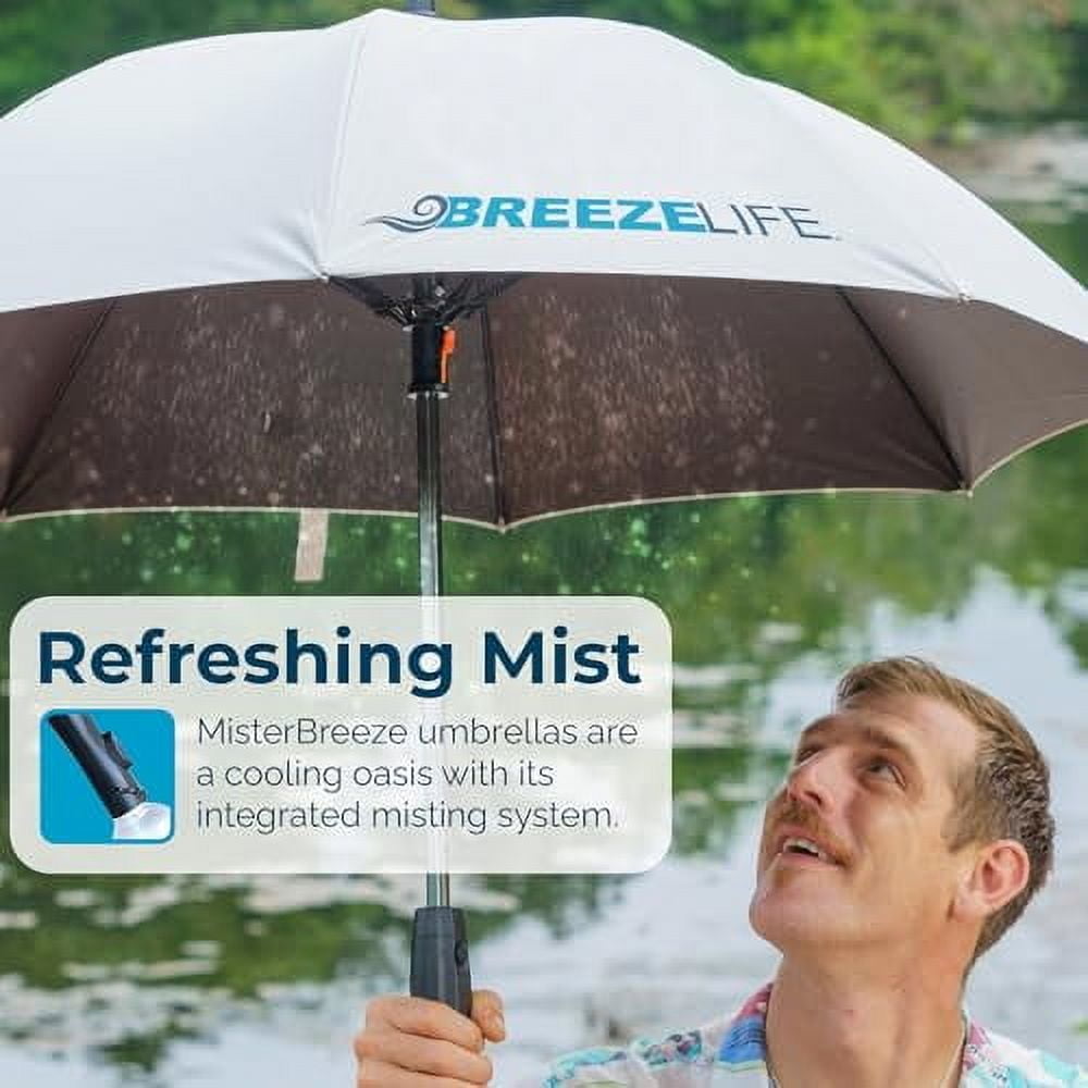 Breeze Life Mister Breeze – UV Sun Umbrella with Built-In Fan & Mister – Blocks 99.9% UVA/UVB Rays – Portable, Battery Powered Cooling Shade for Beach, Festivals, Outdoor Sports – Black & Gold