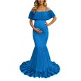 thumbnail image 3 of Gyujnb Off Shoulder Ruffle Flutter Sleeve Lace Maternity Gown Thin Spaghetti Strap Liner Fitted Long Train Formal Dress Elegant Outfit for Maternity Photoshoot Postpartum Party Wear,XL, 3 of 7