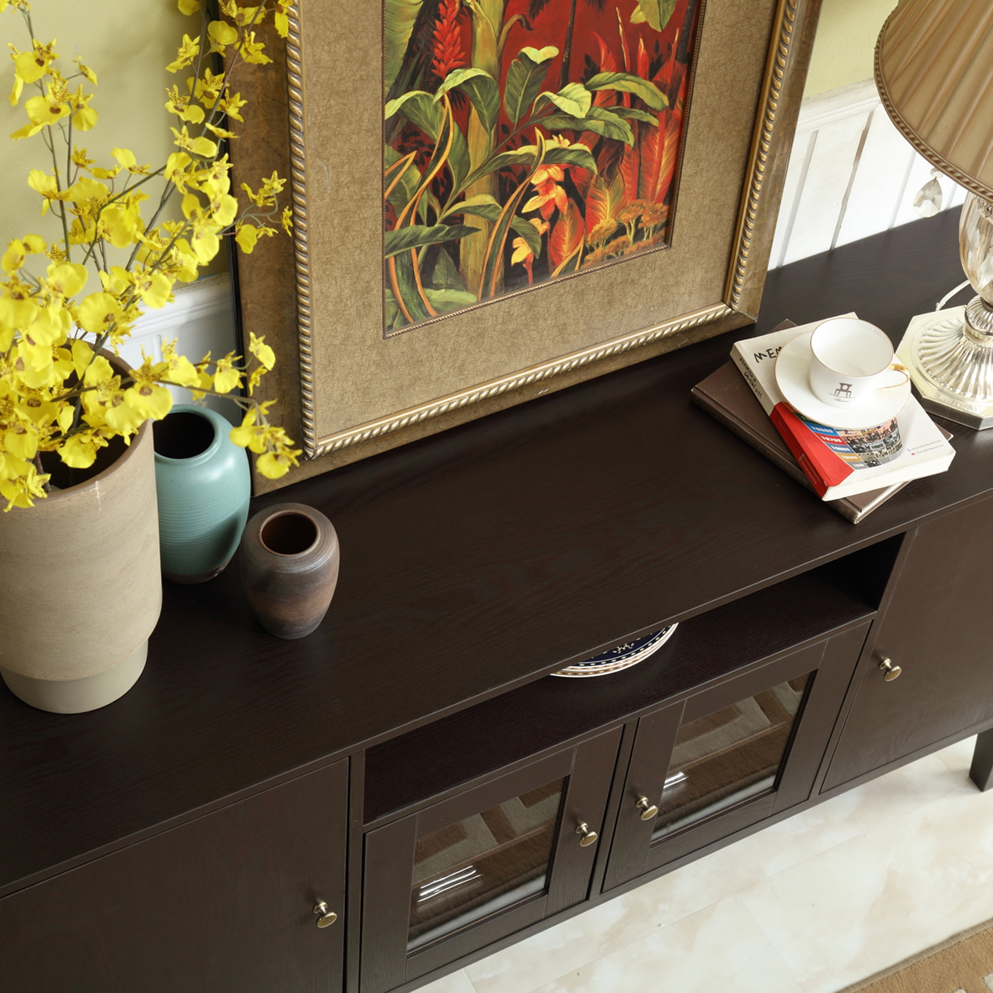 Resenkos 4 Door Sideboard Buffet Cabinet with Solid Wood Legs, Open Storage Console Table for Kitchen Dining Room Entryway or Hallway Dark Brown Resenkos 4 Door Sideboard Buffet Cabinet with Solid Wood Legs, Open Storage Console Table for Kitchen Dining Room Entryway or Hallway Dark Brown