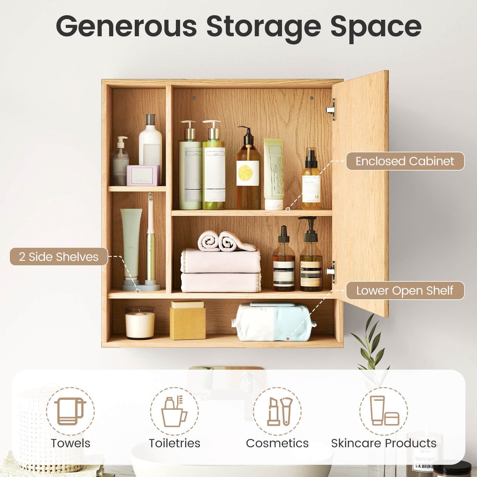 Costway Bathroom Wall Cabinet with Mirror, Single Door, 3 Open Shelves & Adjustable Shelf Natural