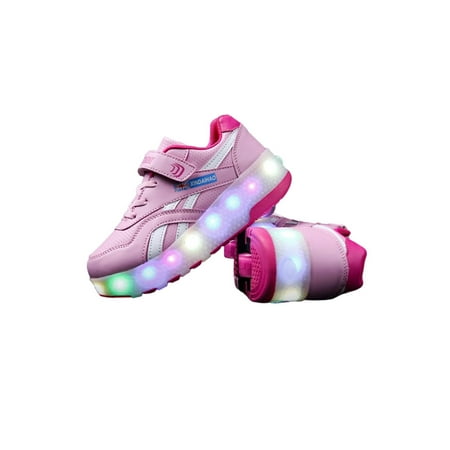 LUXUR USB Chargable LED Light Up Double Wheeled Roller Skate Sneaker Shoes for Boys Girls Kids