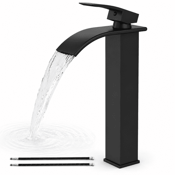 Black Tall Waterfall Vessel Sink Faucet Without Drain, Single Handle 1 Hole Bathroom Vanity