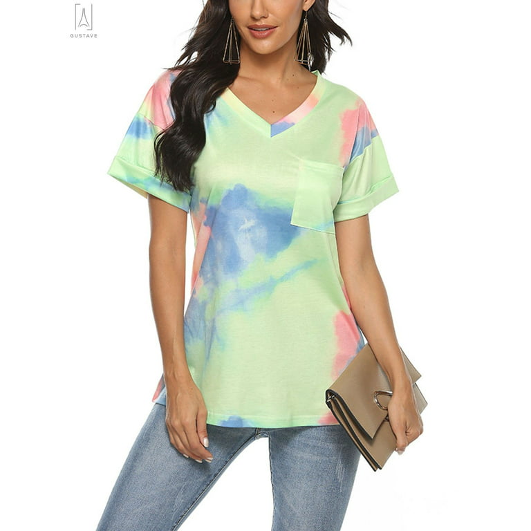 Womens Tie Dye V Neck Summer T-Shirt Top Short Sleeve Ladies Casual Loose  Blouse
