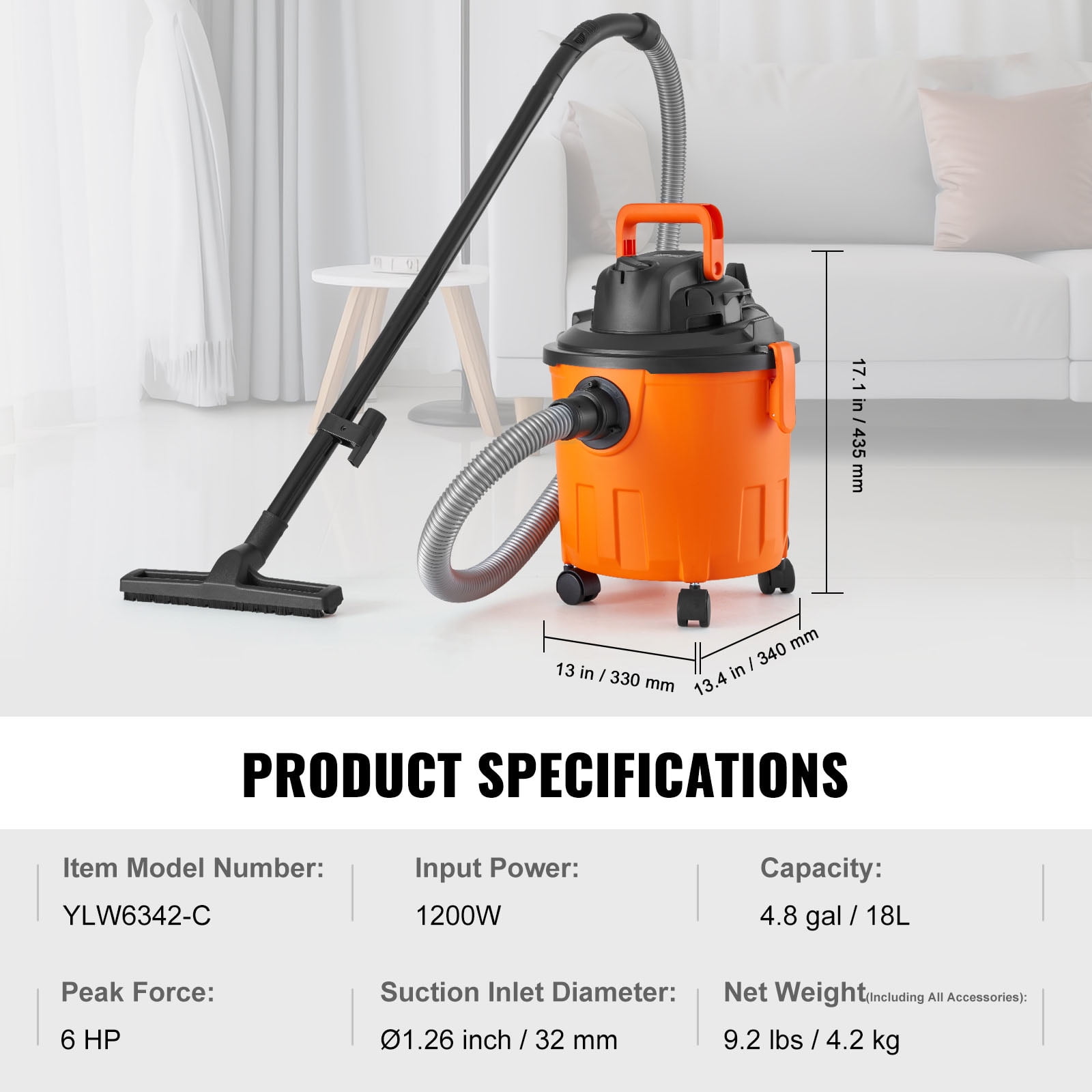 KFFKFF 5 Gallon Wet Dry Vacuum, 6 Peak HP Wet/Dry Vacuum with Strong Suction and Blower Capabilities, Includes 2-in-1 Crevice Tool, Ideal Small Store Vacuum for Carpet Dirt, Pet Fur, and Vehicle