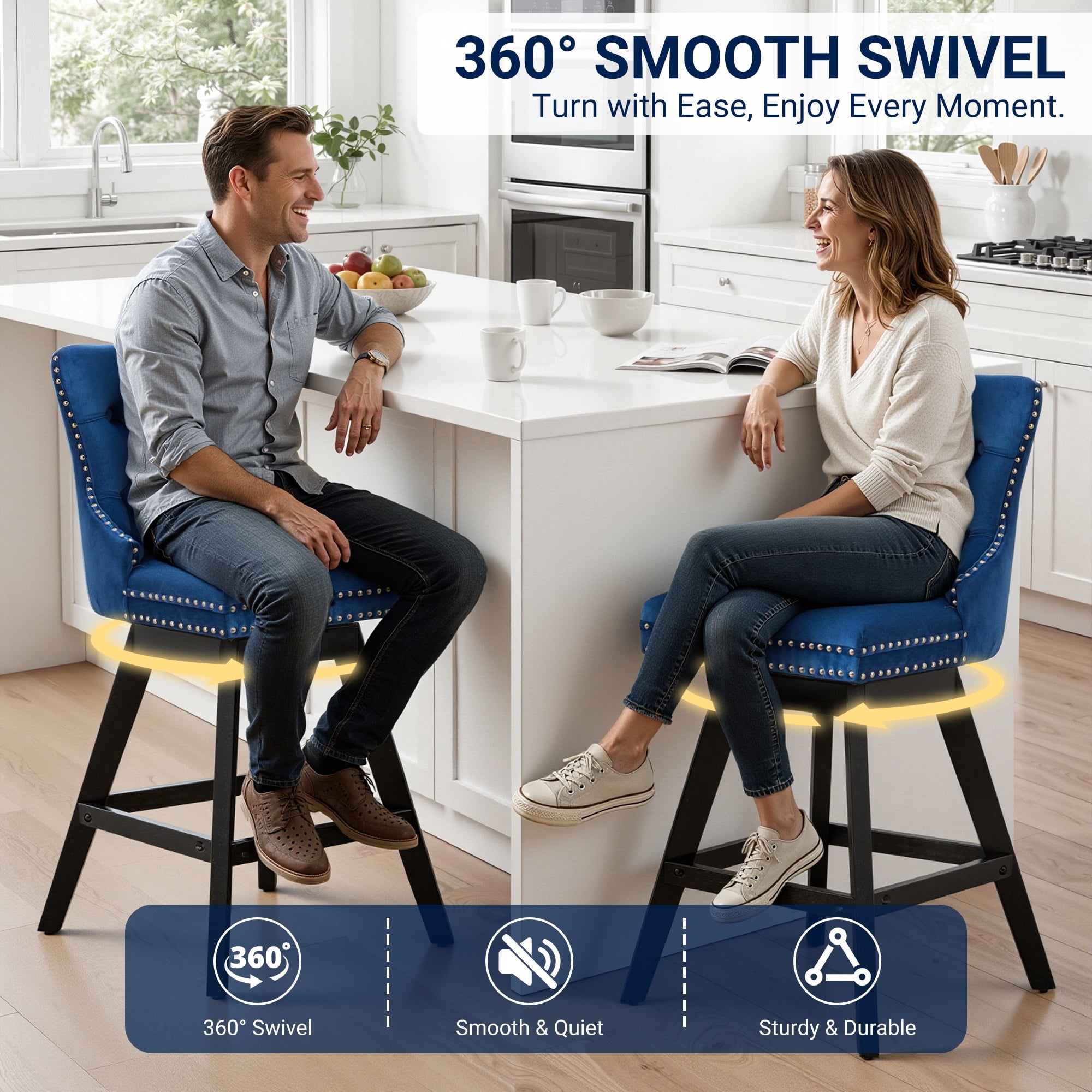 Swivel Bar Stools Set of 4, 26" Counter Height Bar Stools with Back, Farmhouse Velvet Barstools for 34–38" Kitchen Island, Blue (Set of 4)
