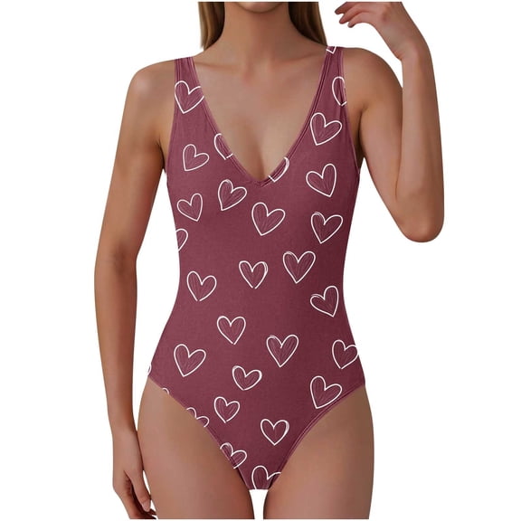 UTSJKR Women's One Piece Swimsuit Padded V-Neck Swim Suits Heart Printed Modest Vintage Tummy Control Casual Bathing Suits Multicolor XL