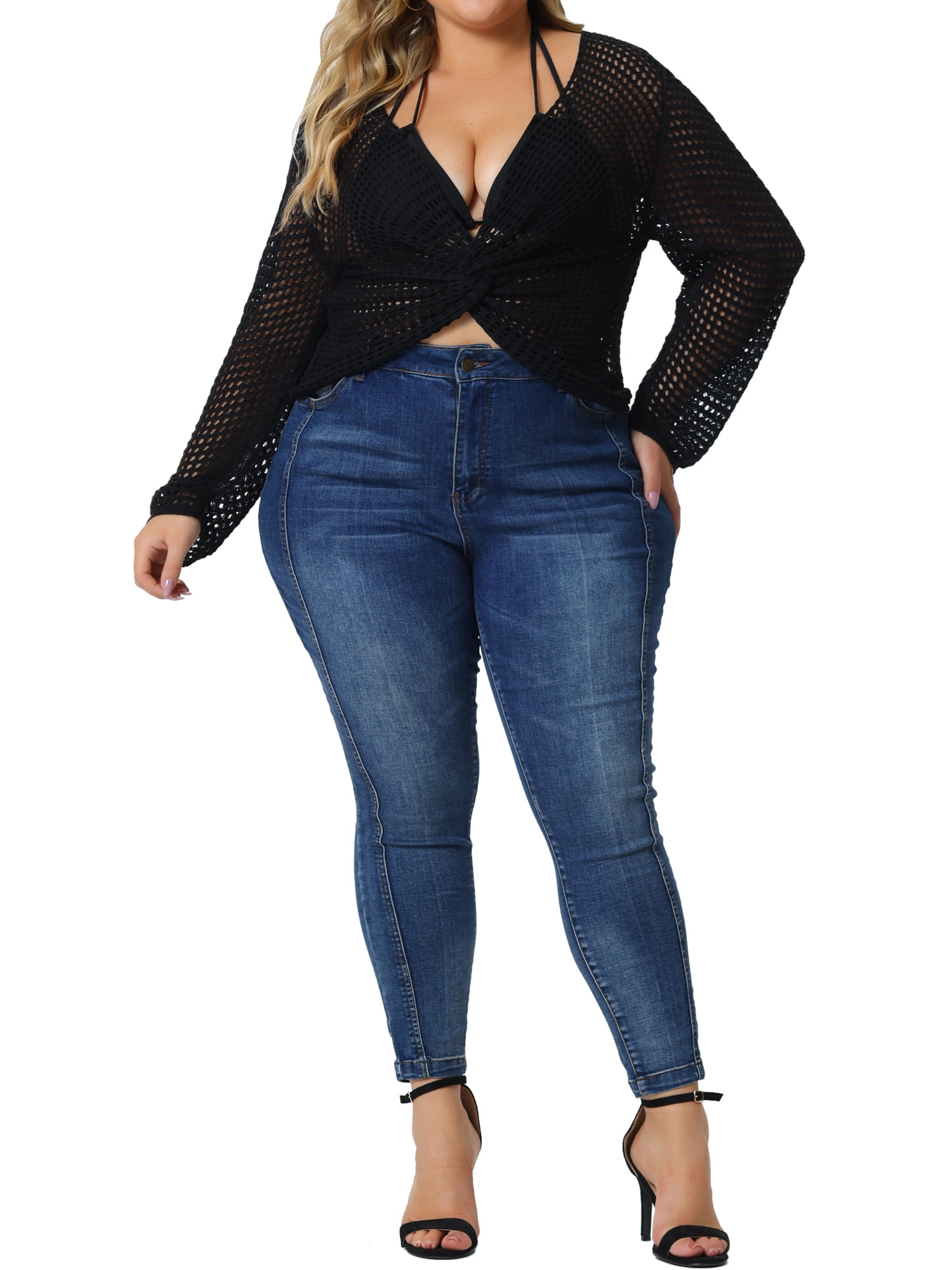 Unique Bargains Women's Plus Size Knitted V-Neck Ruched Cross Hollow Out Long Sleeve Tops 4X Black