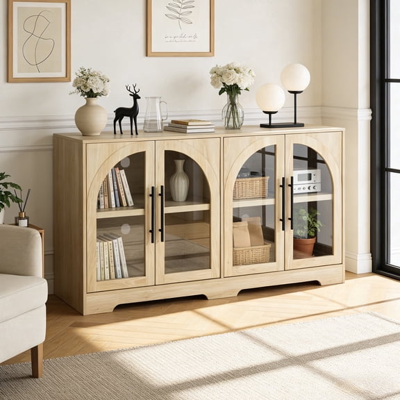 Leovanni 55" Sideboard Cabinet with Glass Doors, Wood Buffet Cabinet with Adjustable Shelves and Cable Management, Storage Console for Dining Room, Living Room, Entryway, Natural