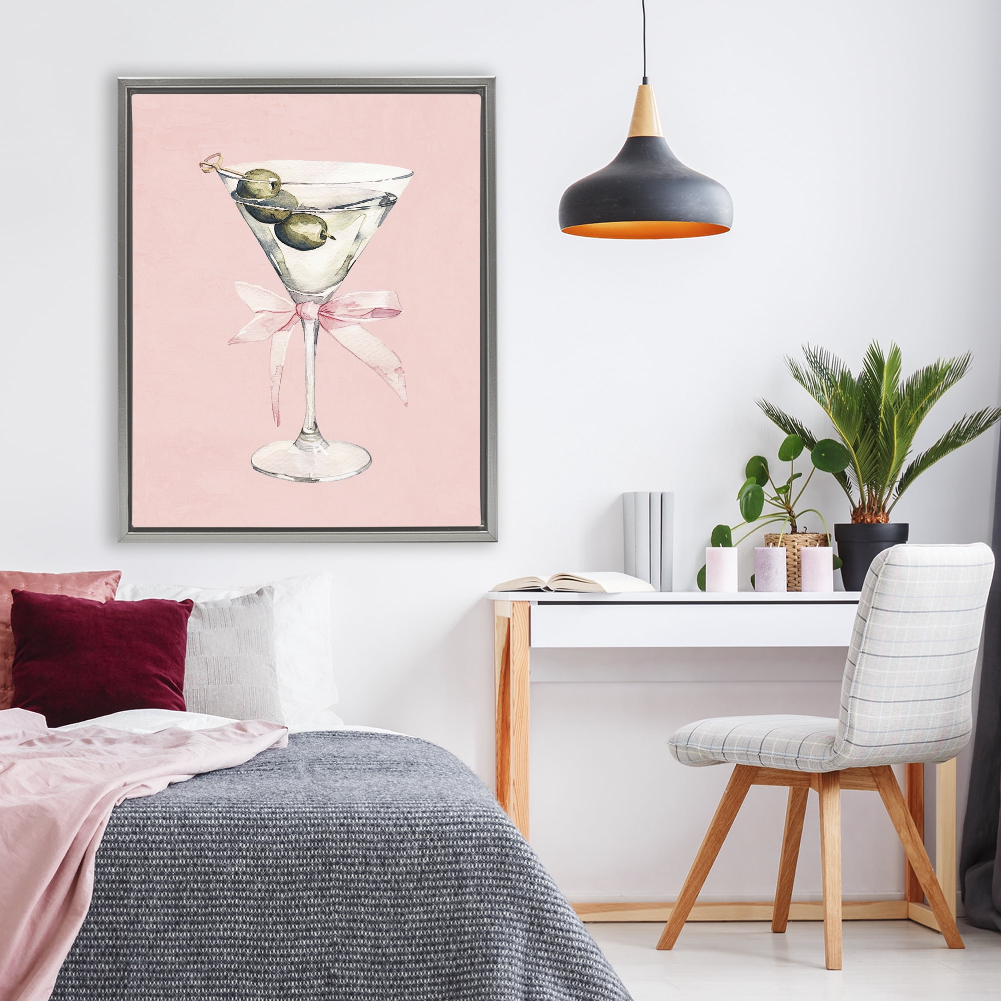 Stupell Industries Martini with Pink Bow Gray Framed Floater Canvas Wall Art, design by Kim Allen