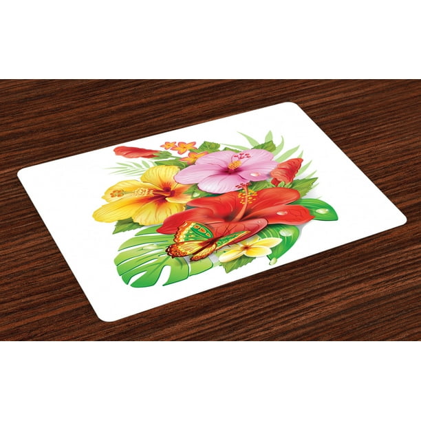 Hawaiian Placemats Set of 4 Bouquet of Colorful Hibiscus Flowers with a