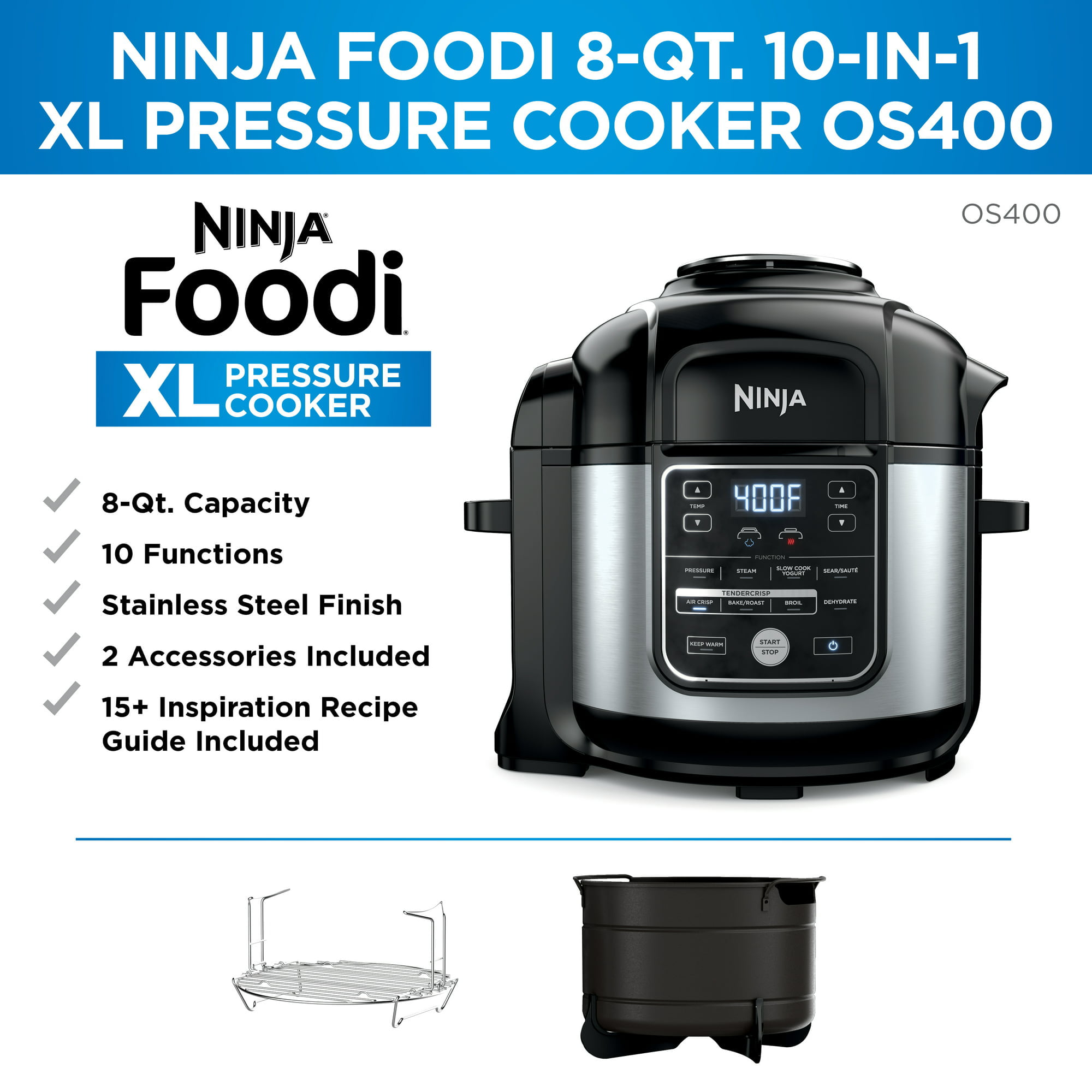 Ninja Op401 Foodi XL TenderCrisp Pressure Multi Cooker 8 Quart Black/Gray (Certified Refurbished)