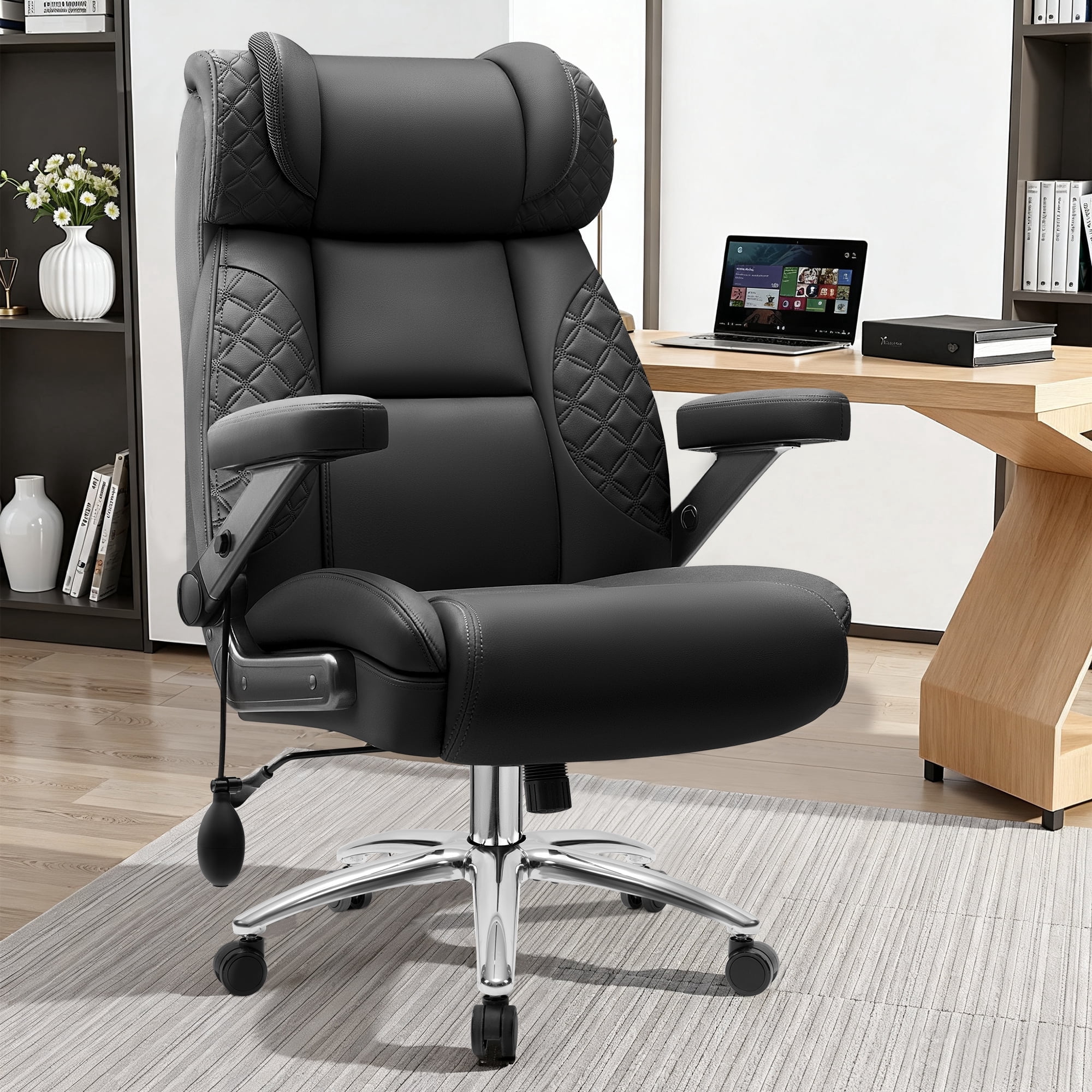 FASTES Leather Office Chair Big and Tall Desk Office Chair, 500lbs Computer Chair Ergonomic Extra Wide Gaming Chair with Adjustable Lumbar Support 5D Flip Arms, Black