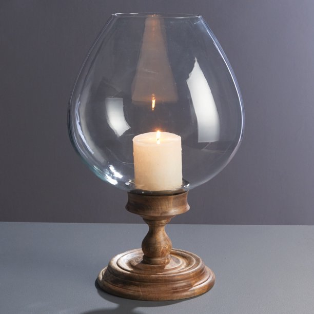 23" Decorative Rustic Glass and Wooden Pedestal Goblet Candle Holder