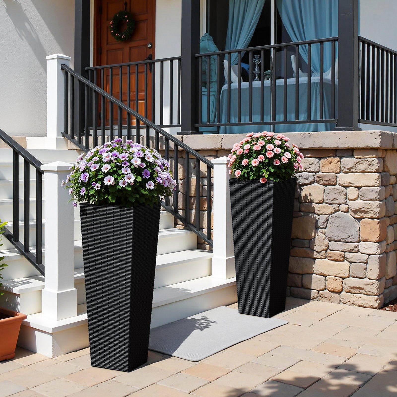 Homall 2-Pack 32" Tall Outdoor Plastic Planters with Inside Pots, Rattan - Patterned for Patio Decor
