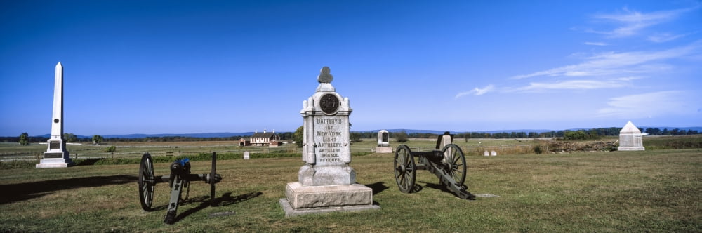 Monument to Battery B First New York Light Artillery with 1st Minnesota Infantry Monument in background Gettysburg National Military Park Gettysburg Pennsylvania USA Canvas Art - Panoramic Images (6 x