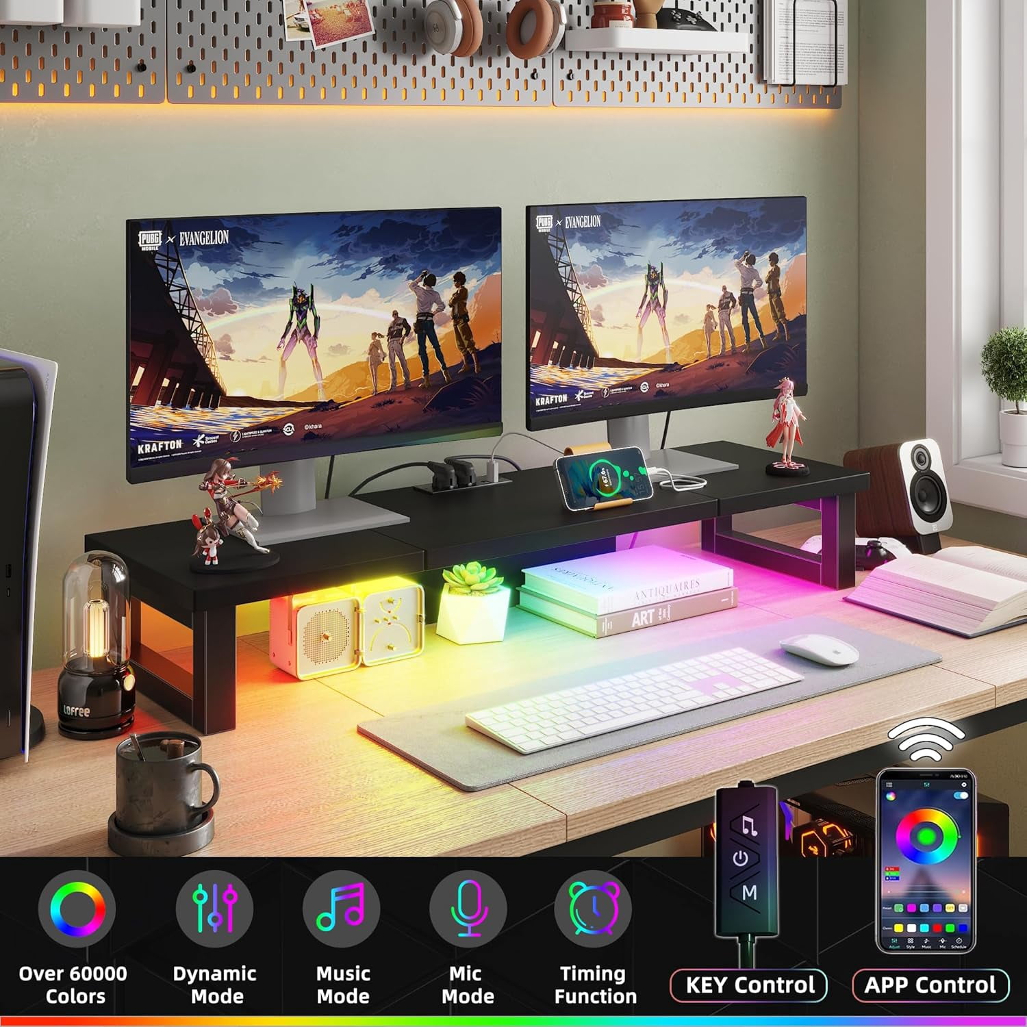 Dual Monitor Stand Riser with Power Outlet for 1-2 Monitors, Heavy Duty Desktop Organizer for Laptop Printer TV