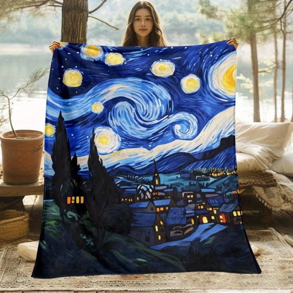 Van Gogh Starry Night Blanket Lightweight Flannel Throw Swirling All Season Soft Bedspread Couch Camping Blanket Decorative Home Decor Inspired Gift Art Lovers Blanket Bed Artistic Bedding