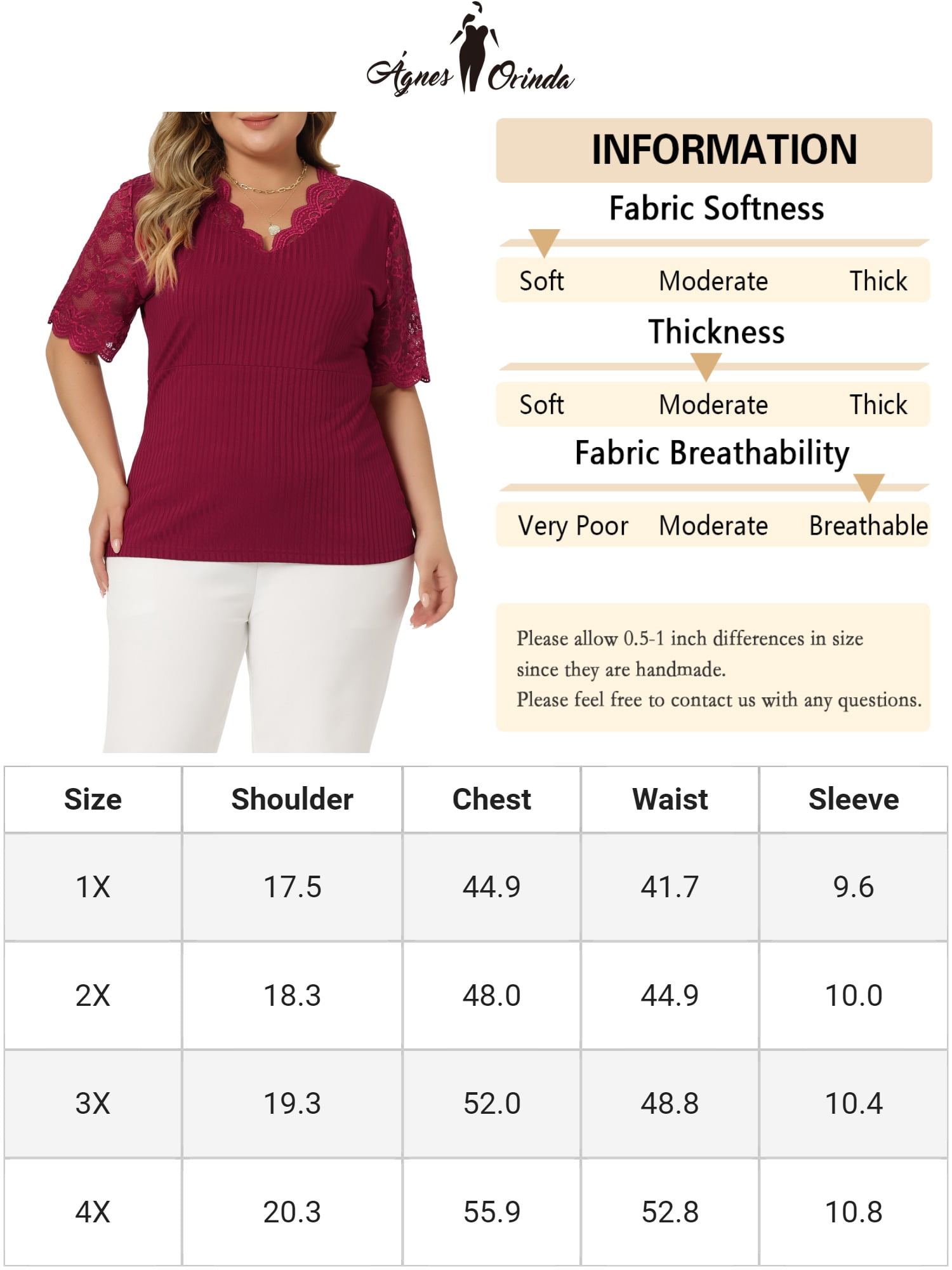 Unique Bargains Women's Plus Size Tops V Neck Elegant Lace Ribbed Knit Tunic Blouse 4X Burgundy