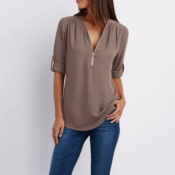 Abcnature Women Zipper Button Tops Long Sleeves Loose Chiffon Shirt Blouse T-shirt Coffee 5XL