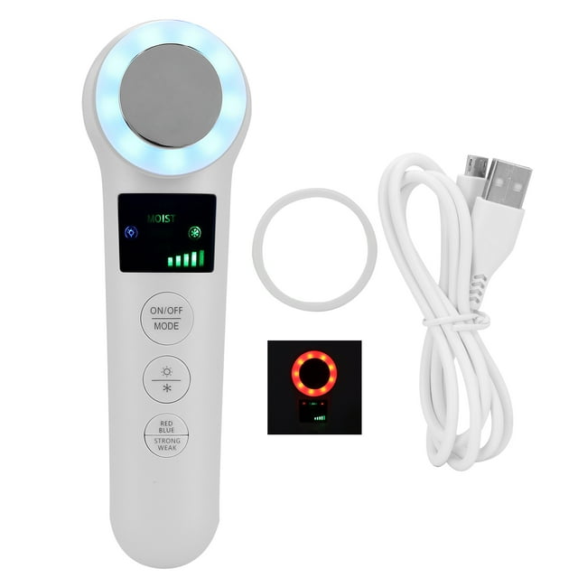 Masajeador facial de mano con vibración y calor y terapia de luz roja y azul.